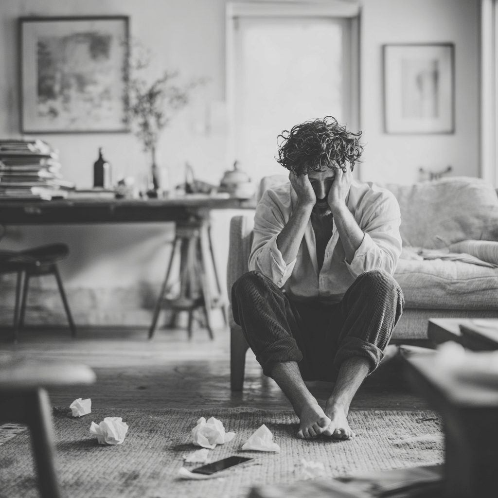 Ein trauernder Mann in seinem Wohnzimmer, sitzt mit Händen vorm Kopf und weint