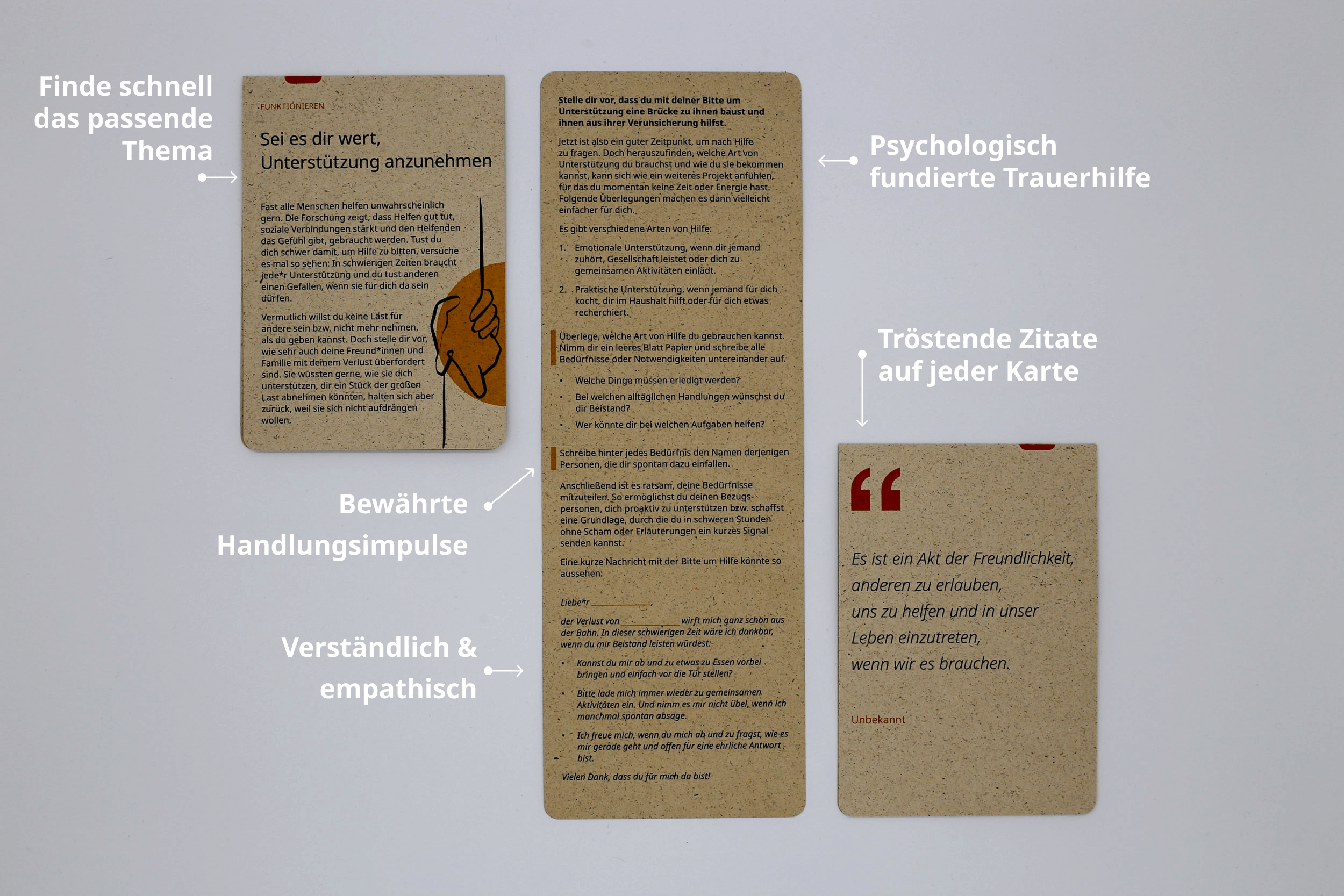 Gedenkimpulse Karte erklärt: Finde schnell das passende Thema, bewährte Handlungsimpulse, verständlich und empathisch, psychologisch fundierte Trauerhilfe, tröstende Zitate auf jeder Karte