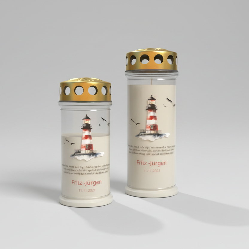 Gedenkkerze mit Leuchtturm-Motiv – personalisierbare Grabkerze zur Erinnerung