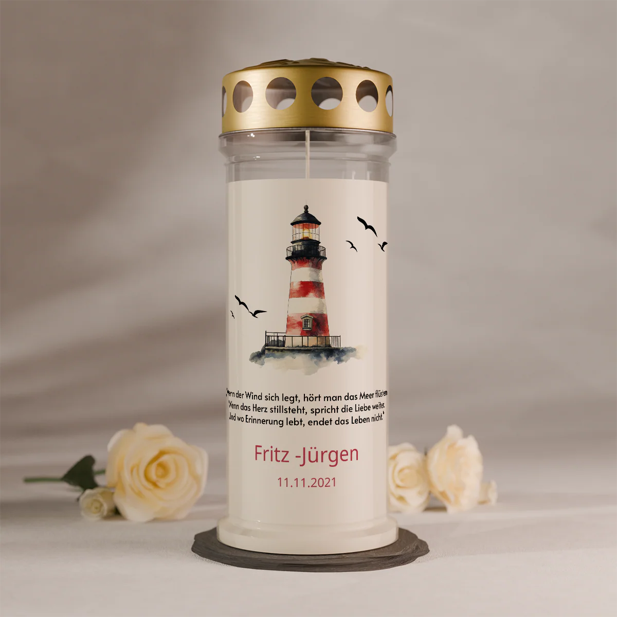 Gedenkkerze mit Leuchtturm | personalisierbarer Text