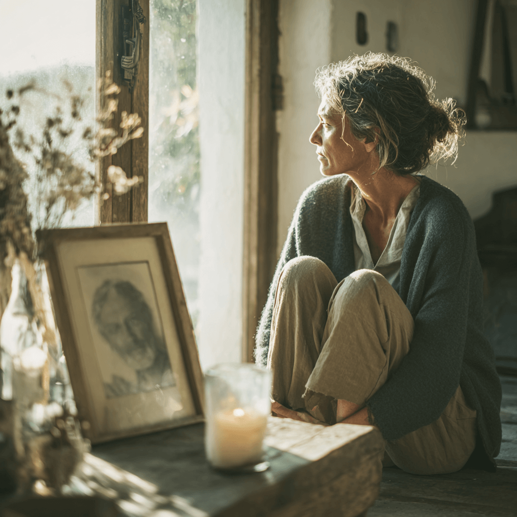 Eine tochter schaut trauernd aus dem fenster mit einem portrait ihres toten vaters und einer kerze sichtbar
