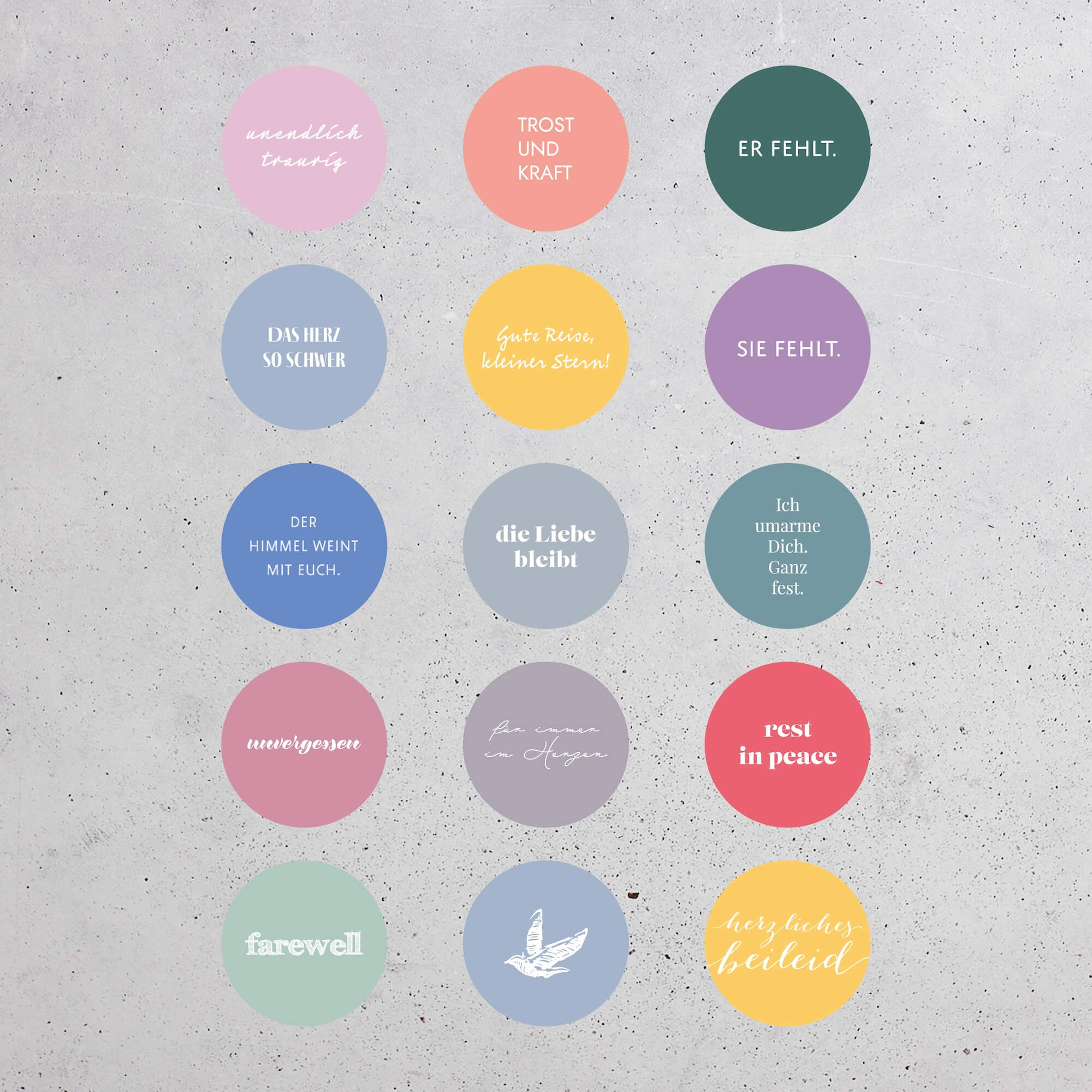 15 Trostbotschaften als Aufkleber zum Individualisieren von Kondolenzkarten