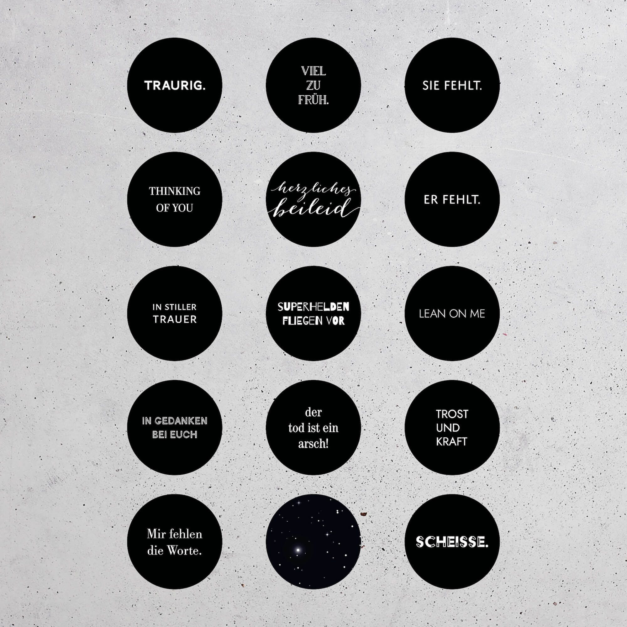 15 Trostbotschaften als Aufkleber zum Individualisieren von Kondolenzkarten