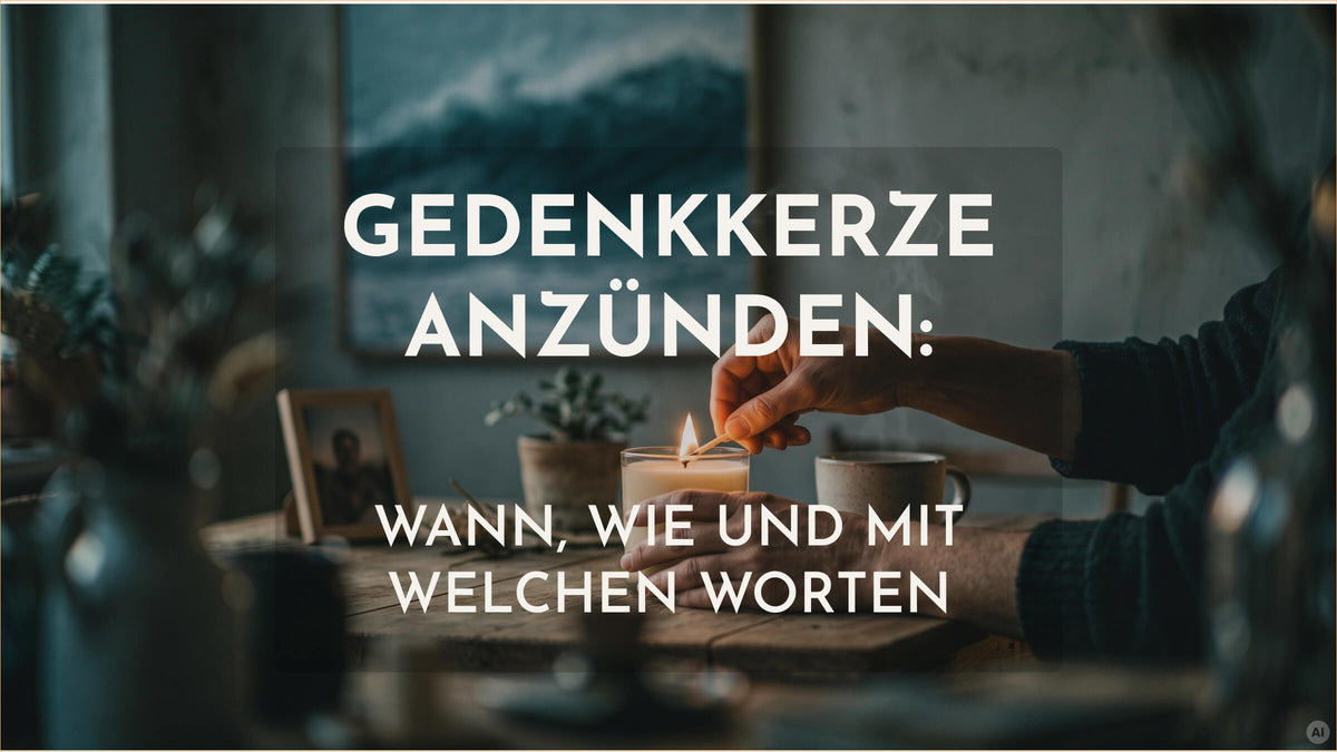 Hände zünden eine Gedenkkerze in einem Glas an, daneben ein gerahmtes Foto, eine Pflanze und eine Tasse Tee