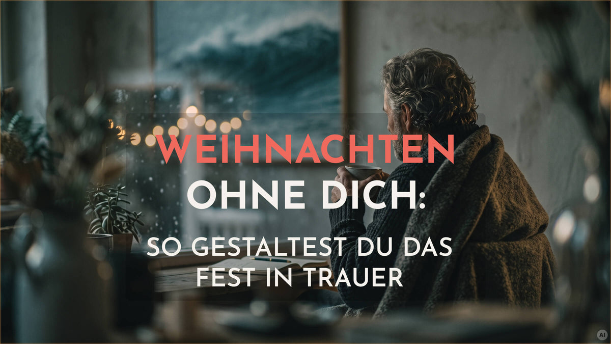 Mann sitzt abends am Fenster in eine Wolldecke gewickelt und hält eine Tasse Tee, draußen Lichterketten und Schnee