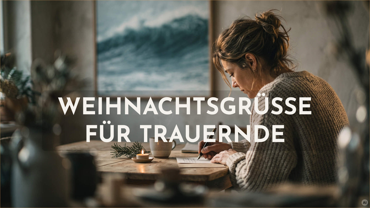 Frau schreibt an einem Holztisch eine Weihnachtskarte von Hand, daneben Tee, Tannenzweig und Kerze, im Hintergrund ein Wellenbild