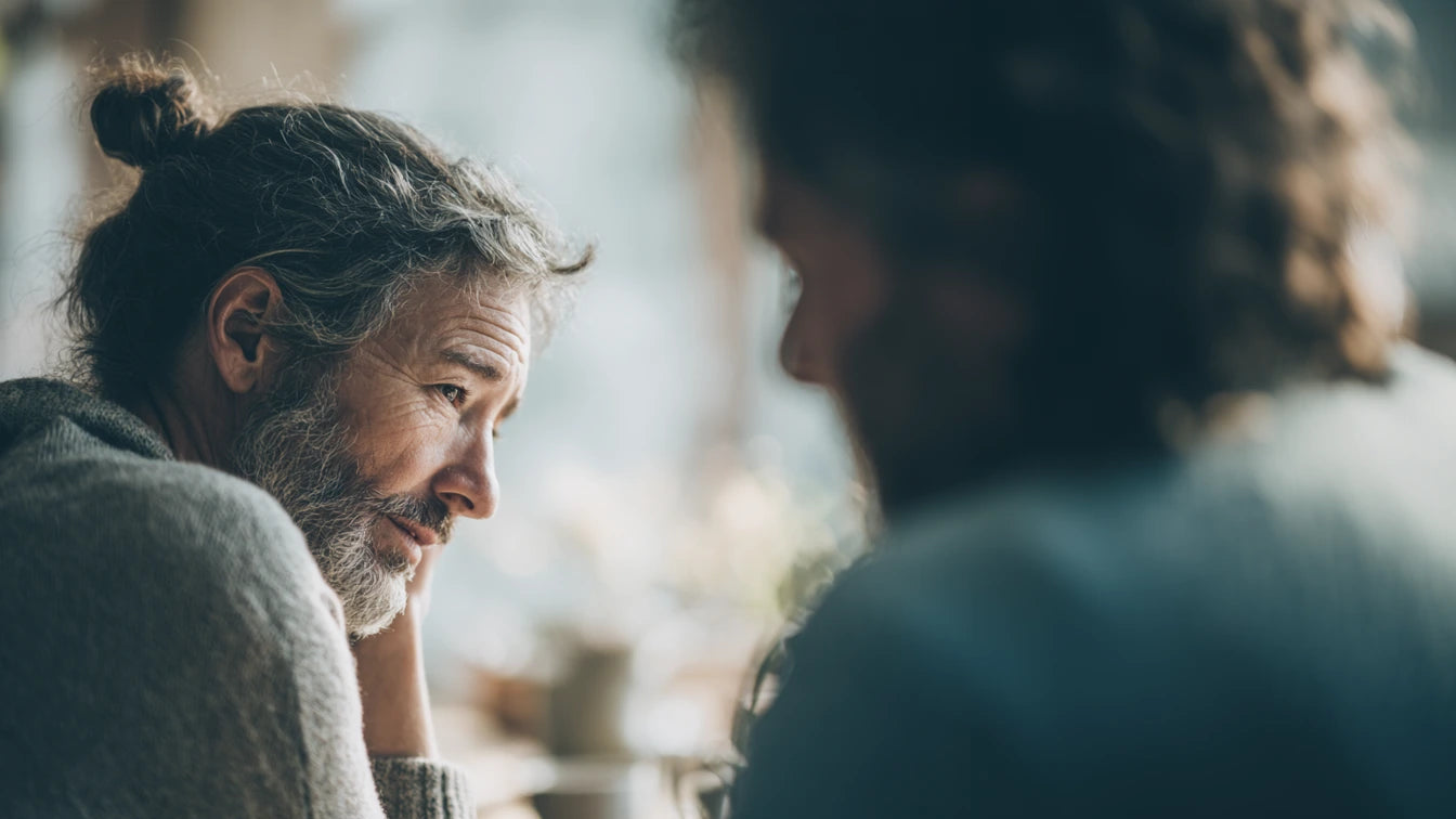 A male friend comforting a grieving male.