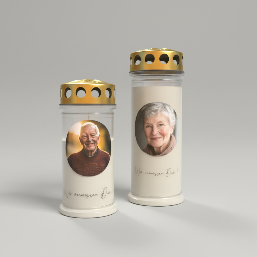 Personalisierte Gedenkkerze als Grablicht – Foto-Erinnerungskerze als besonderes Trauergeschenk
