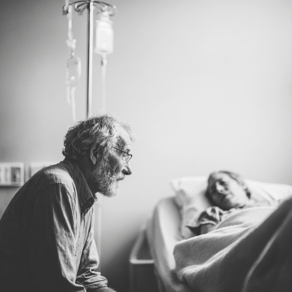 Ein alter man sitzt trauernd neben seiner verstorbenen Ehefrau in einem Krankenhauszimmer