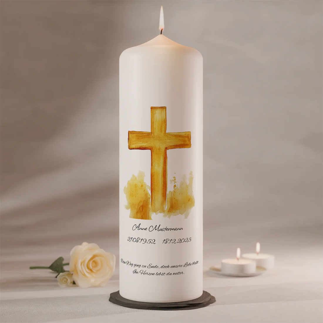 Trauerkerze Kreuz in Gold-Aquarell | personalisierbarer Text