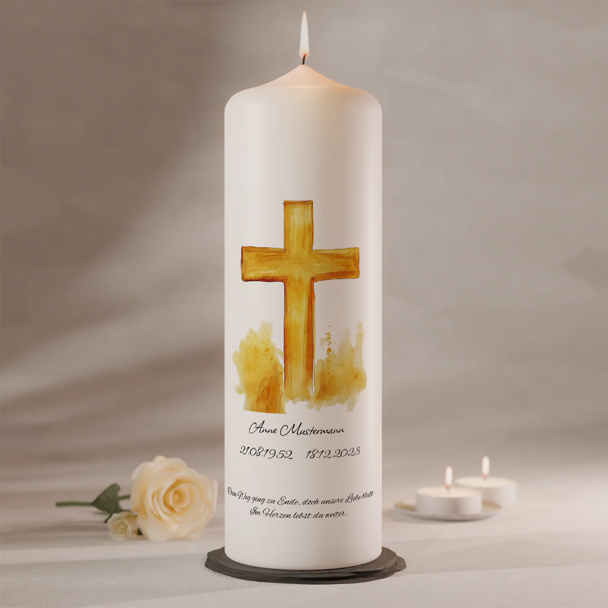 Grabkerze mit goldenem Aquarell-Kreuz – personalisierbare Gedenkkerze als Trauergeschenk